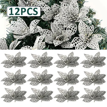 12Pcs/Set Bleščice Poinsettia Božični Venci Tree Okraski Iver Plastičnih Bleščice Poinsettia Cvetje Božič Drevo Ornament