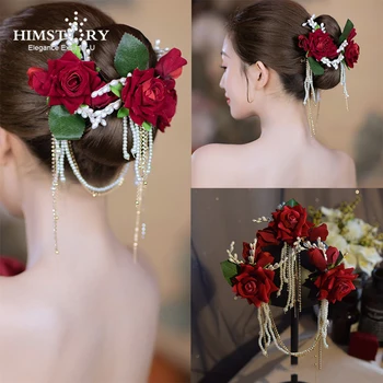 HIMSTORY Ročno Rdeča Umetno Rose Cvet Lasnice naglavni del Poročne Glavo Pribor Ples, Poroka Toaset Hairwear