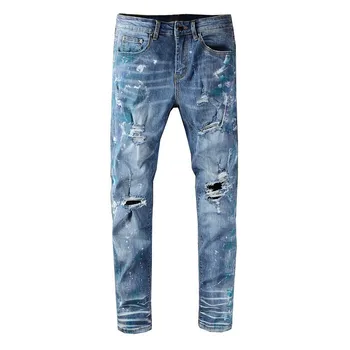 Padec Visoke Kakovosti Moške Jeans Kavbojke z Raztrgala Kolena Evropski in Ameriški High Street Inkjet Hlače za Moške 0